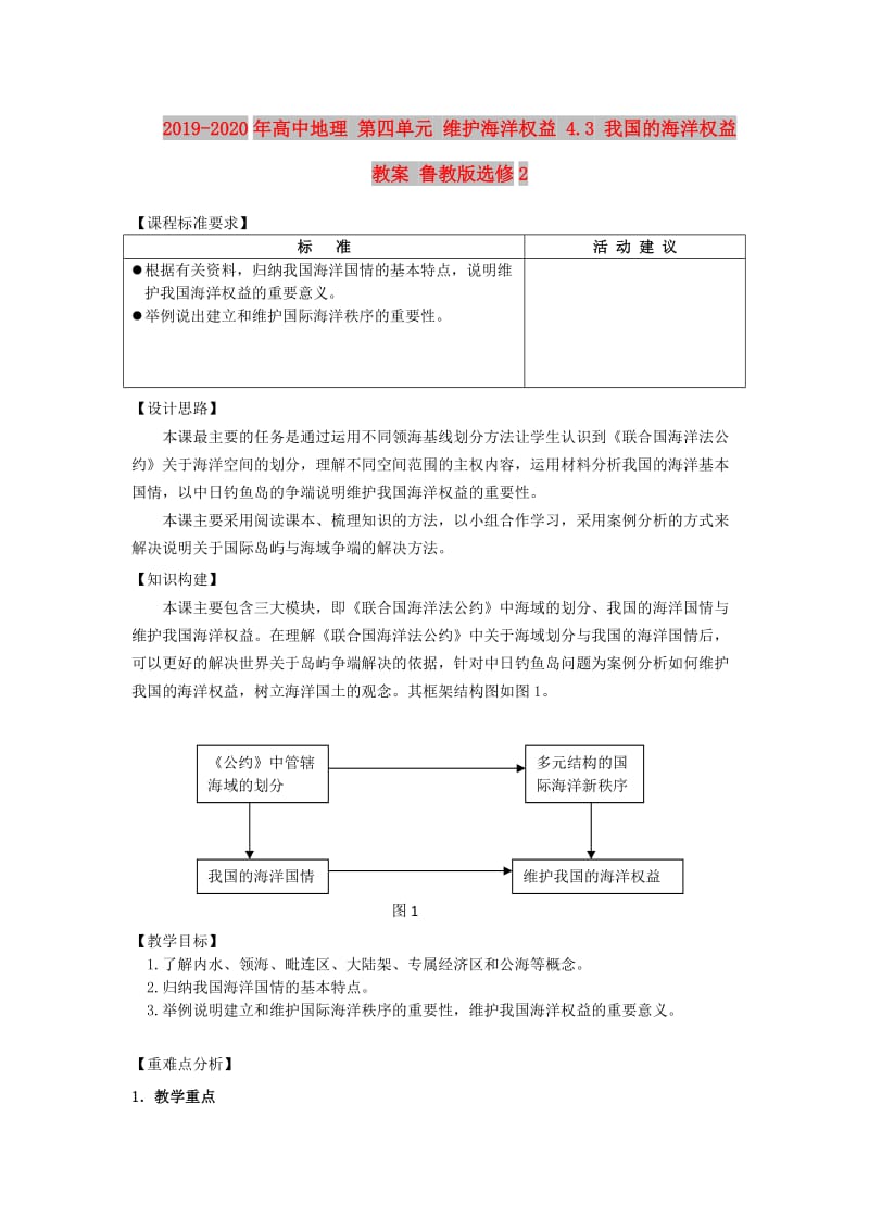 2019-2020年高中地理 第四单元 维护海洋权益 4.3 我国的海洋权益教案 鲁教版选修2.doc_第1页