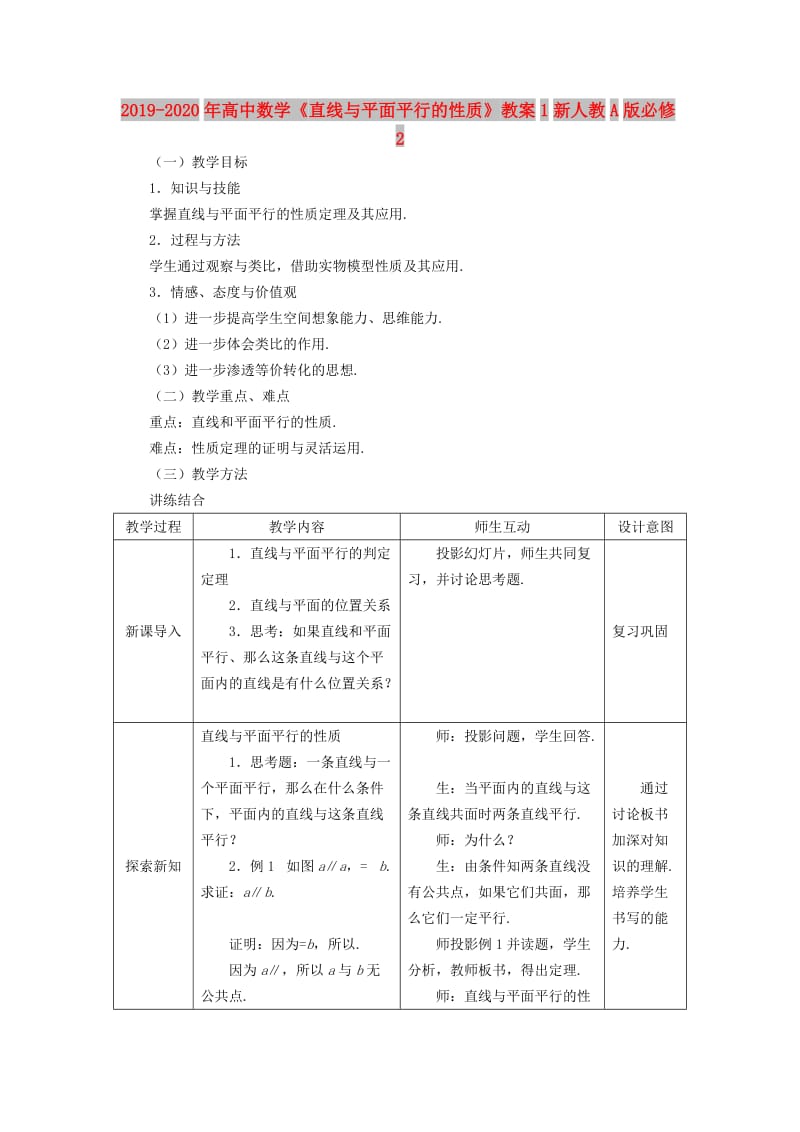 2019-2020年高中数学《直线与平面平行的性质》教案1新人教A版必修2.doc_第1页