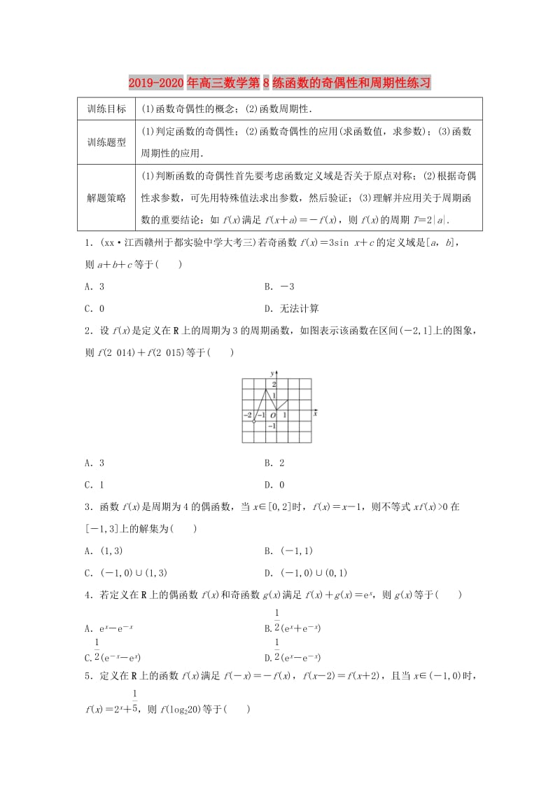 2019-2020年高三数学第8练函数的奇偶性和周期性练习.doc_第1页