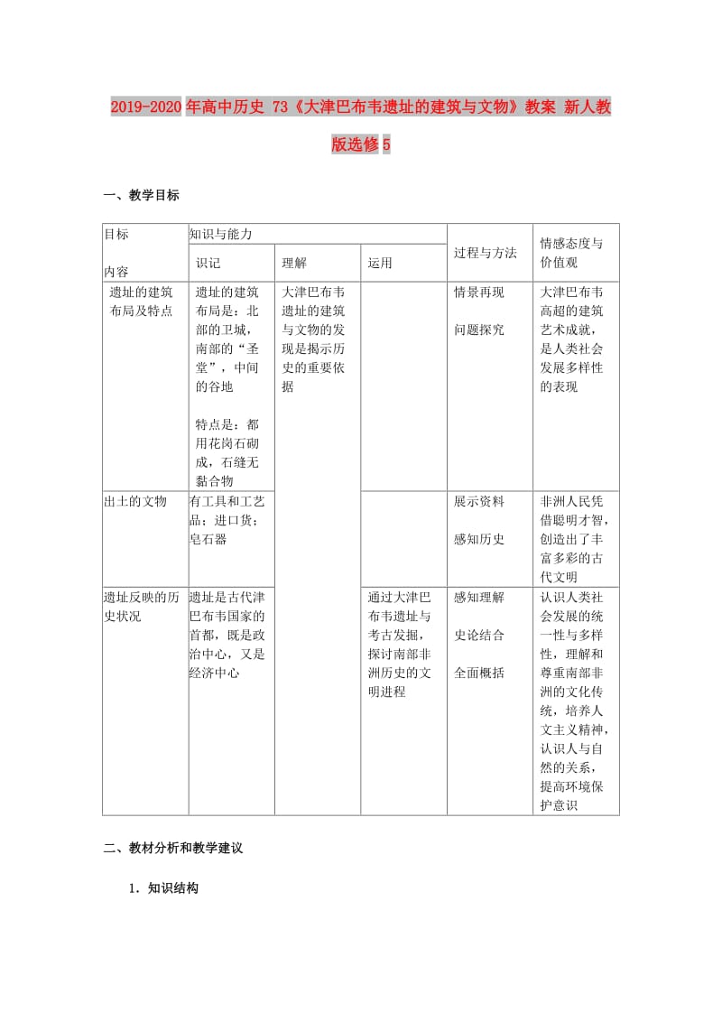 2019-2020年高中历史 73《大津巴布韦遗址的建筑与文物》教案 新人教版选修5.doc_第1页