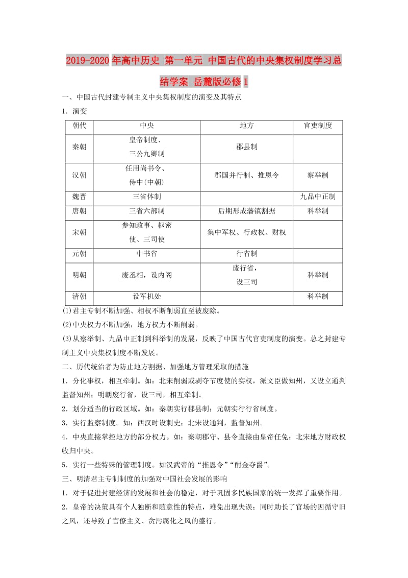 2019-2020年高中历史 第一单元 中国古代的中央集权制度学习总结学案 岳麓版必修1.doc_第1页