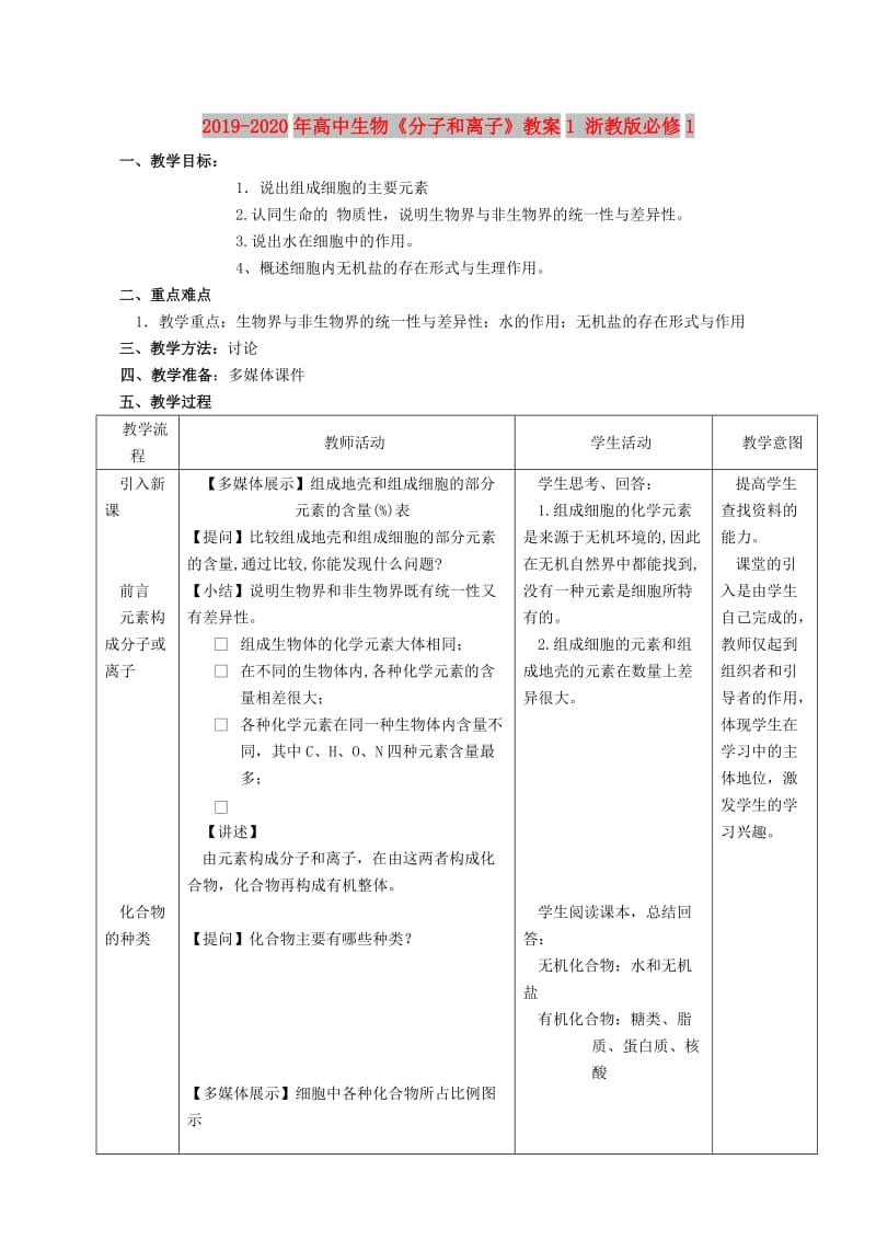 2019-2020年高中生物《分子和离子》教案1 浙教版必修1.doc_第1页