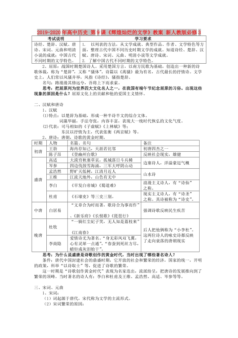 2019-2020年高中历史 第9课《辉煌灿烂的文学》教案 新人教版必修3.doc_第1页