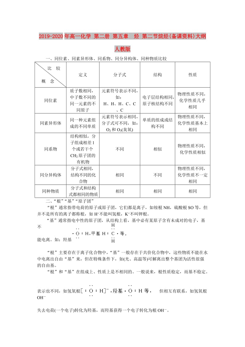 2019-2020年高一化学 第二册 第五章 烃 第二节烷烃(备课资料)大纲人教版.doc_第1页