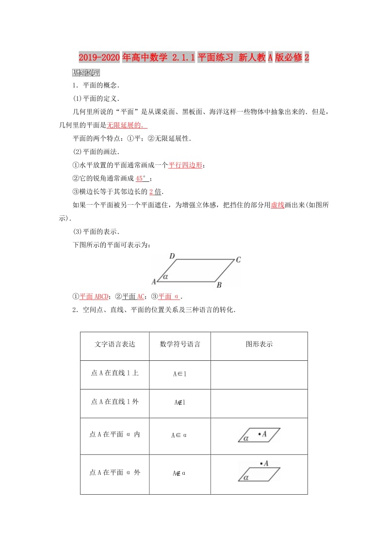 2019-2020年高中数学 2.1.1平面练习 新人教A版必修2.doc_第1页