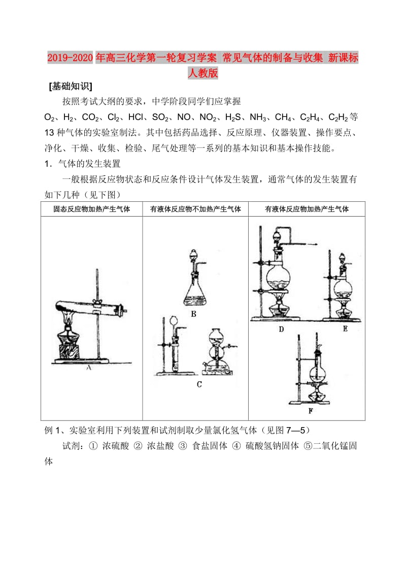 2019-2020年高三化学第一轮复习学案 常见气体的制备与收集 新课标 人教版.doc_第1页