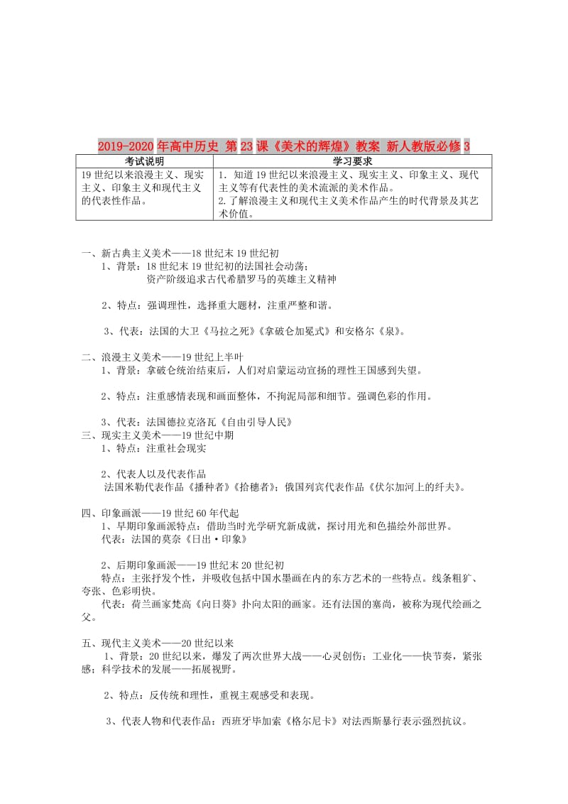 2019-2020年高中历史 第23课《美术的辉煌》教案 新人教版必修3.doc_第1页