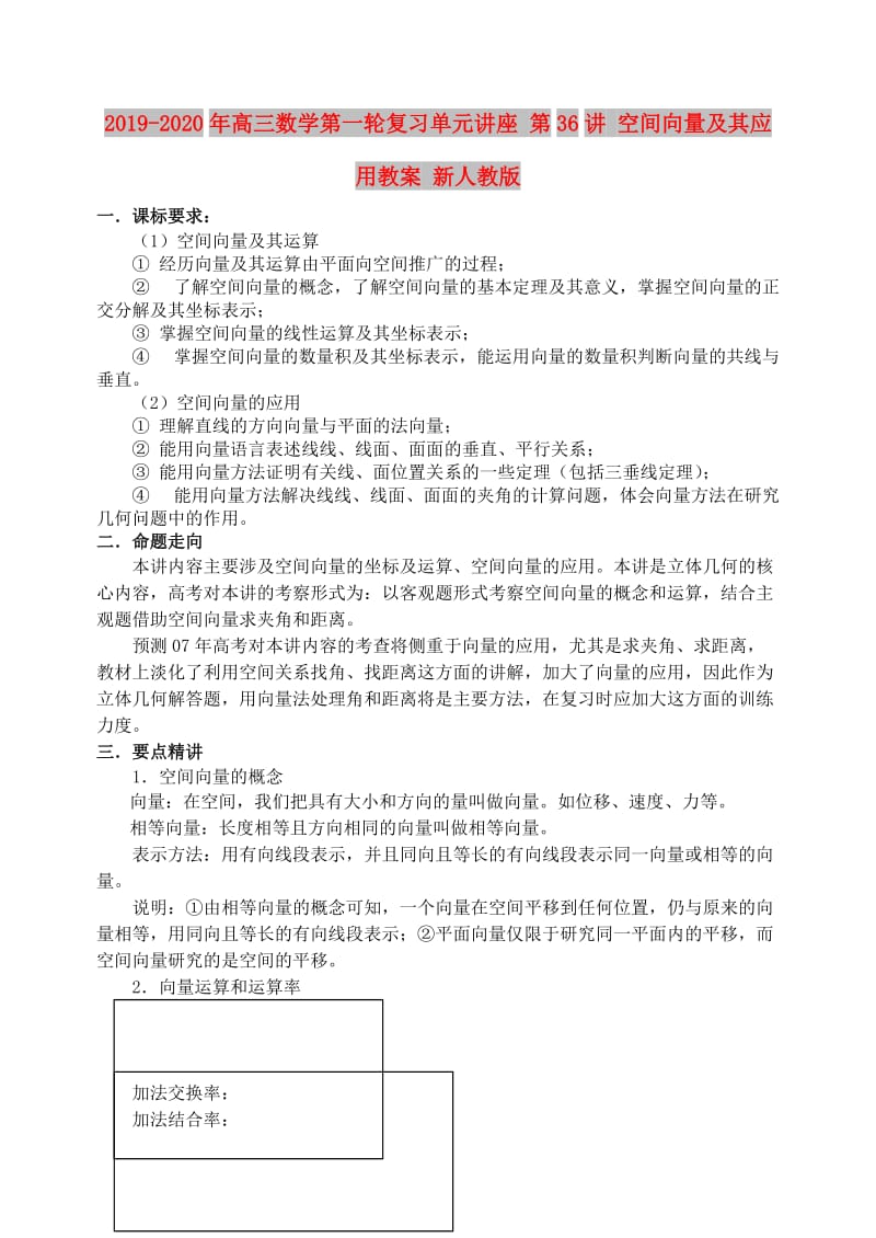 2019-2020年高三数学第一轮复习单元讲座 第36讲 空间向量及其应用教案 新人教版.doc_第1页