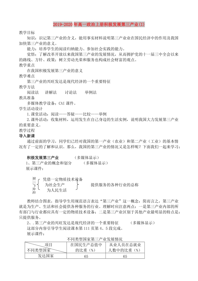 2019-2020年高一政治上册积极发展第三产业(I).doc_第1页