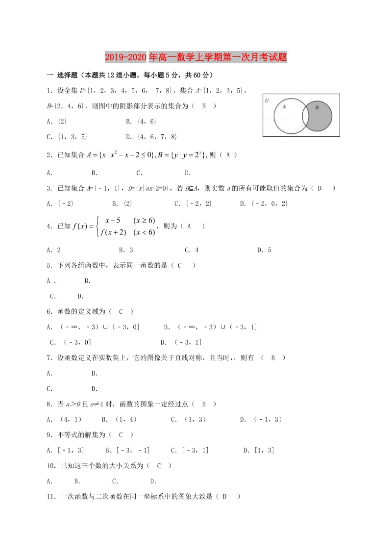 2019-2020年高一数学上学期第一次月考试题.doc_第1页