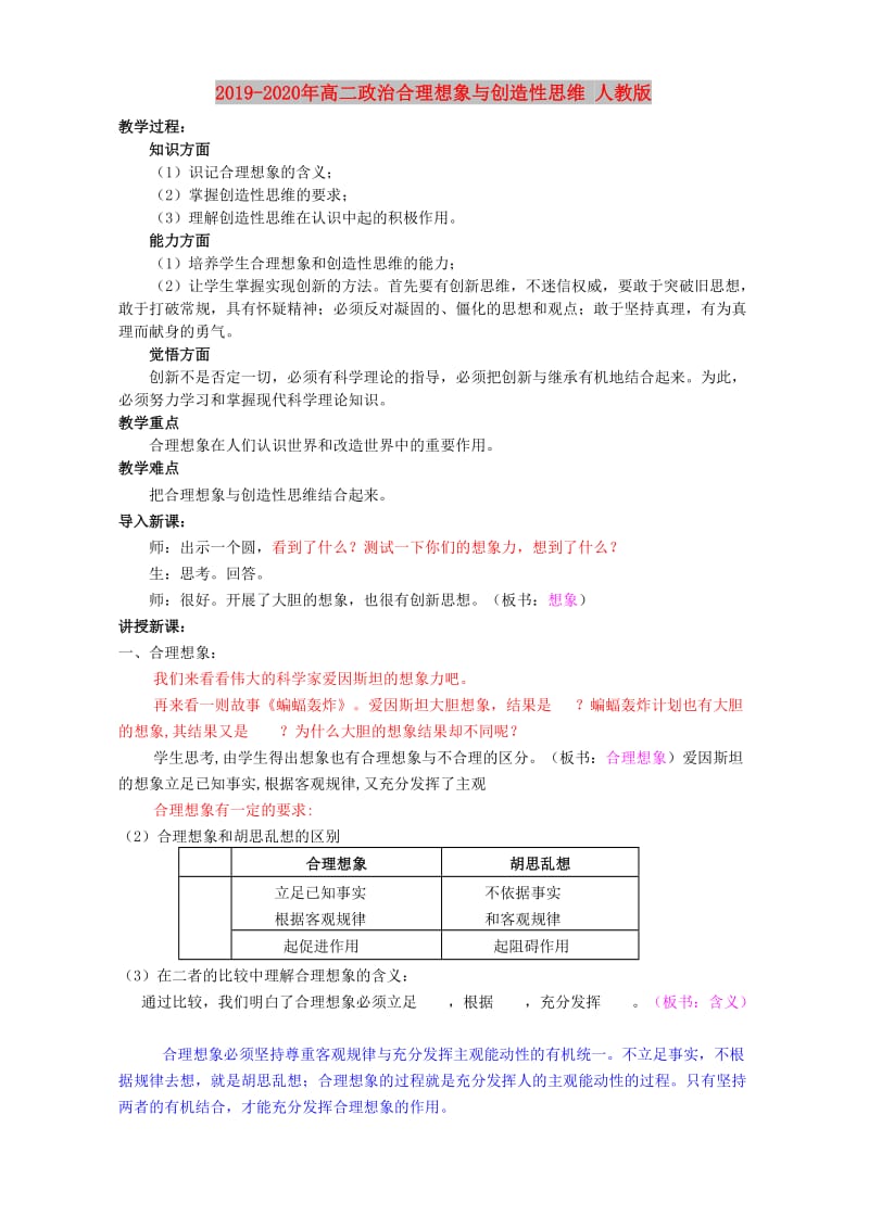 2019-2020年高二政治合理想象与创造性思维 人教版.doc_第1页