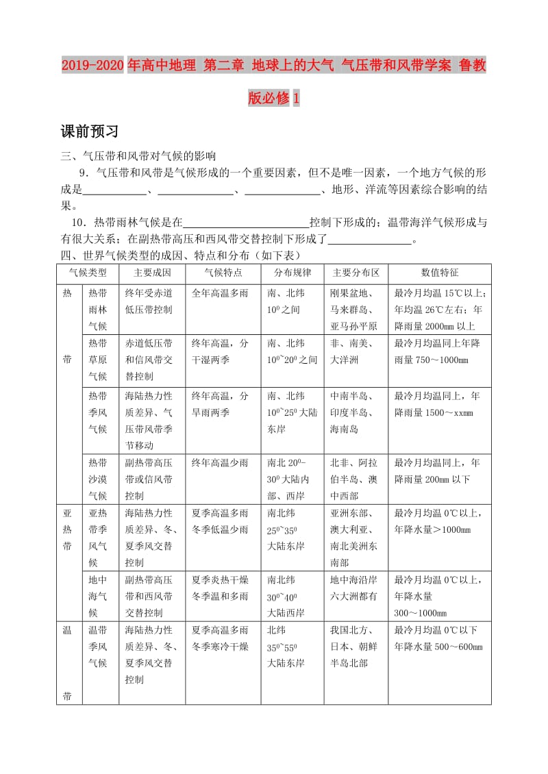 2019-2020年高中地理 第二章 地球上的大气 气压带和风带学案 鲁教版必修1.doc_第1页