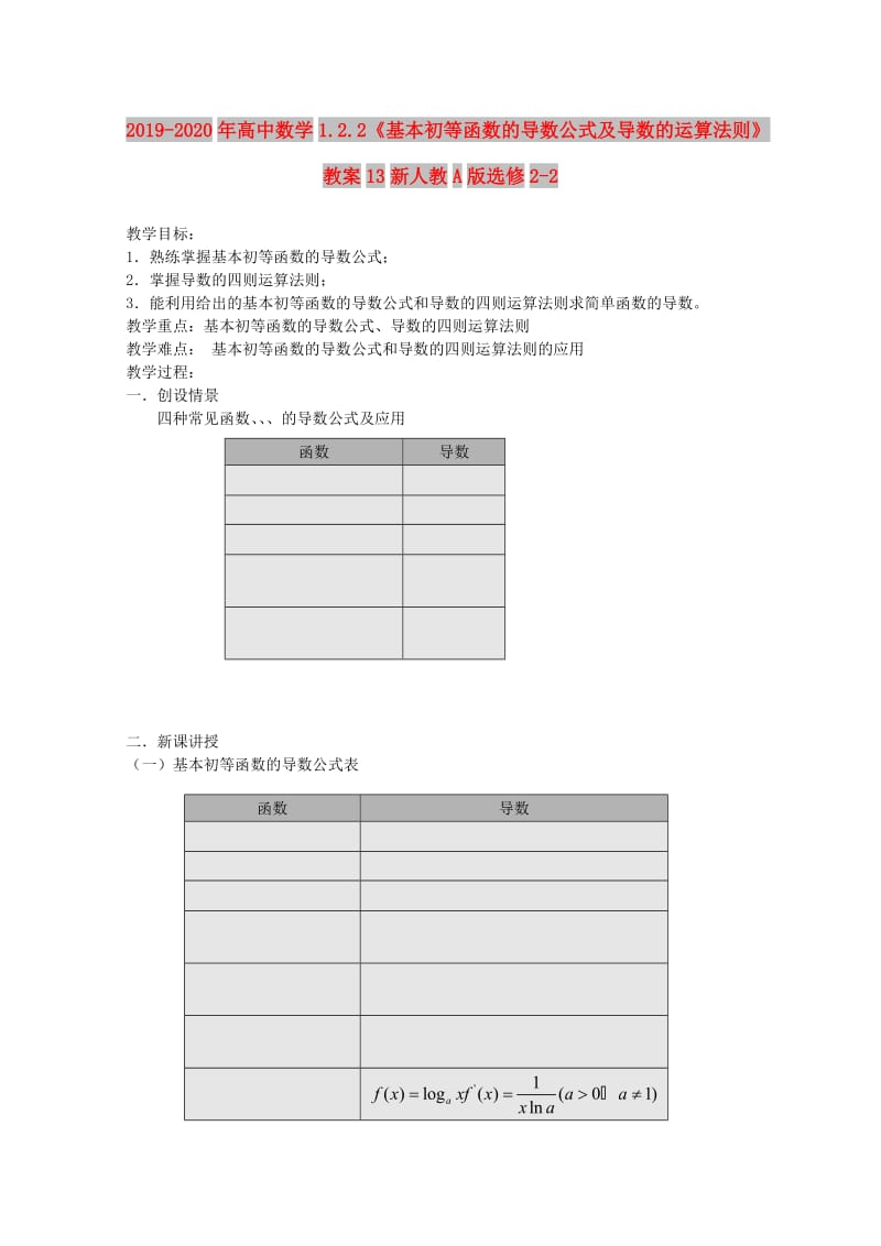 2019-2020年高中数学1.2.2《基本初等函数的导数公式及导数的运算法则》教案13新人教A版选修2-2.doc_第1页