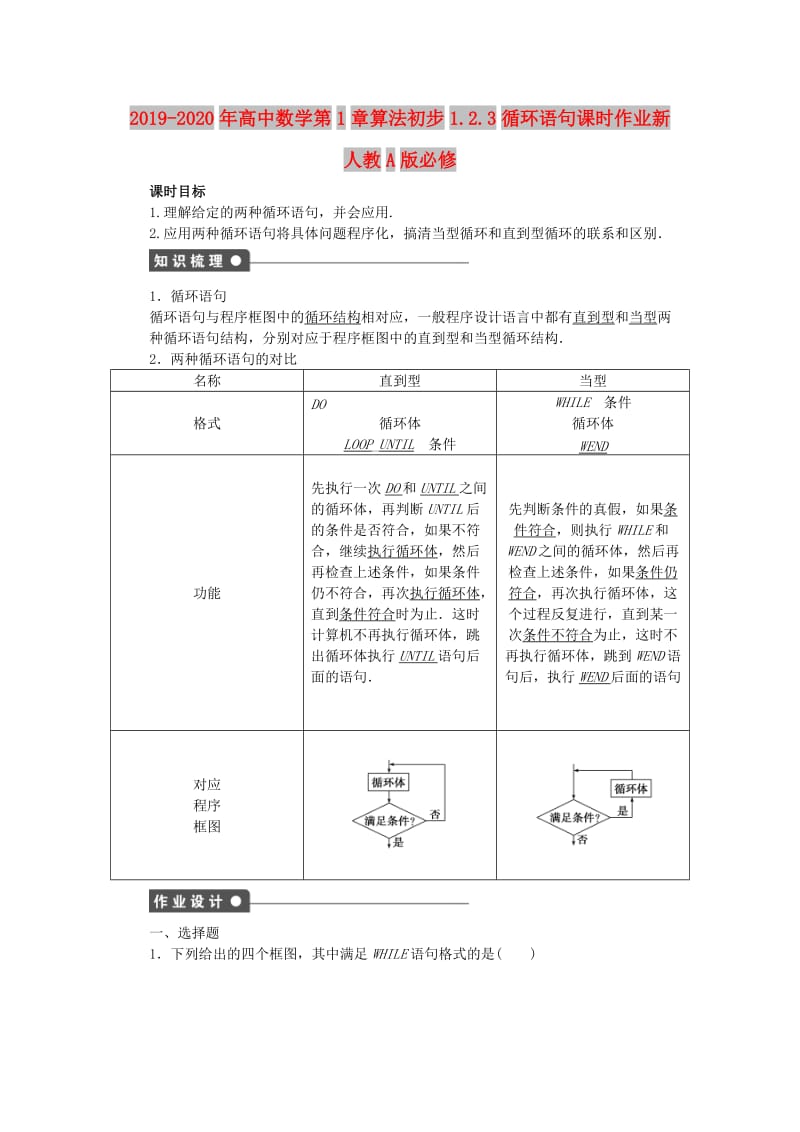 2019-2020年高中数学第1章算法初步1.2.3循环语句课时作业新人教A版必修.doc_第1页