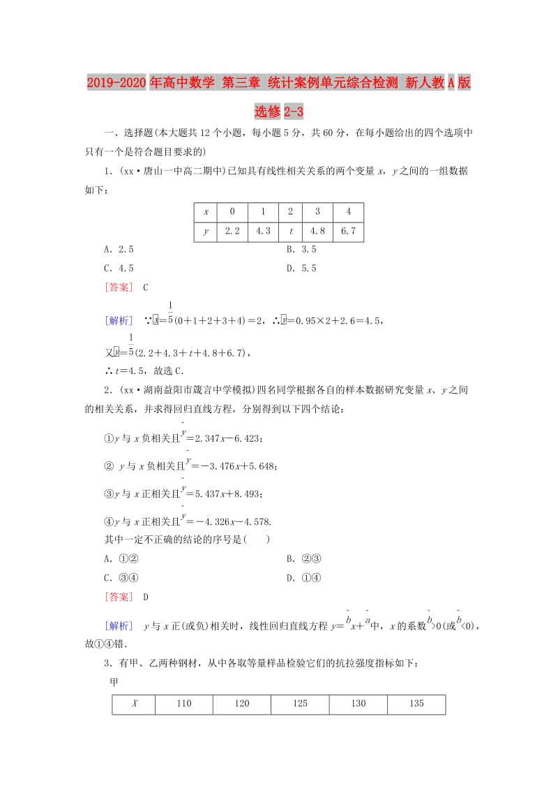 2019-2020年高中数学 第三章 统计案例单元综合检测 新人教A版选修2-3.doc_第1页