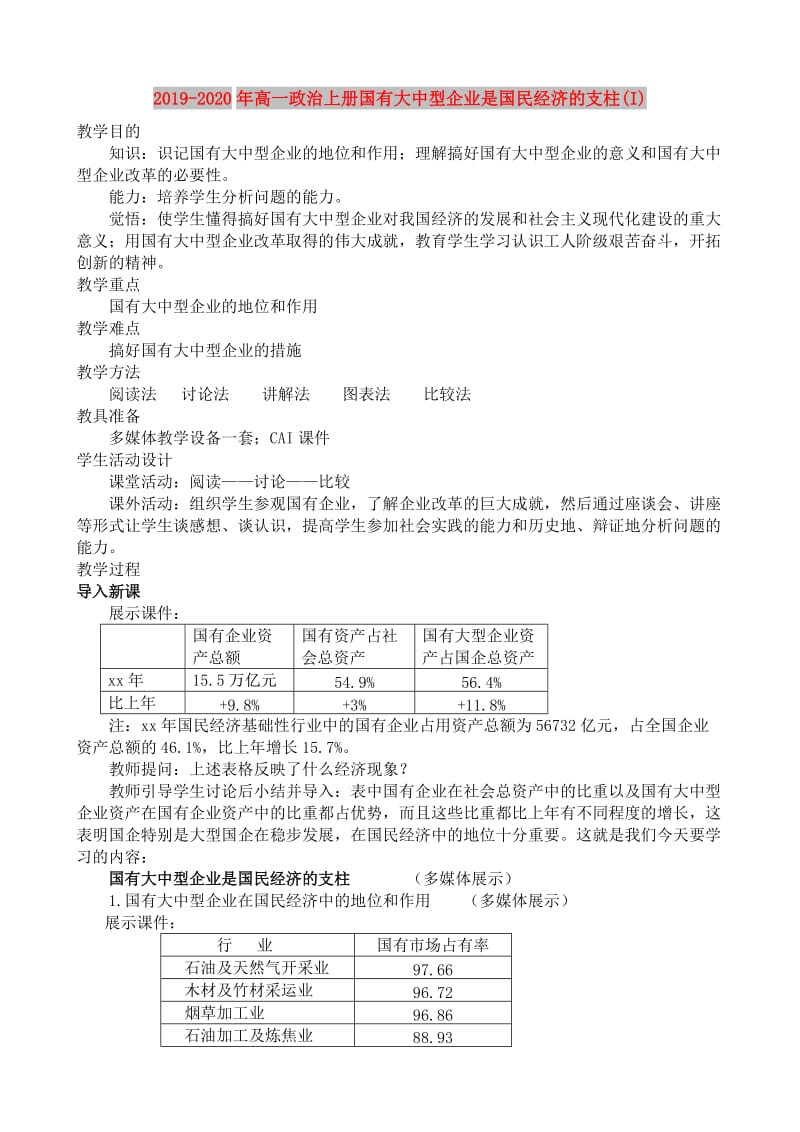 2019-2020年高一政治上册国有大中型企业是国民经济的支柱(I).doc_第1页