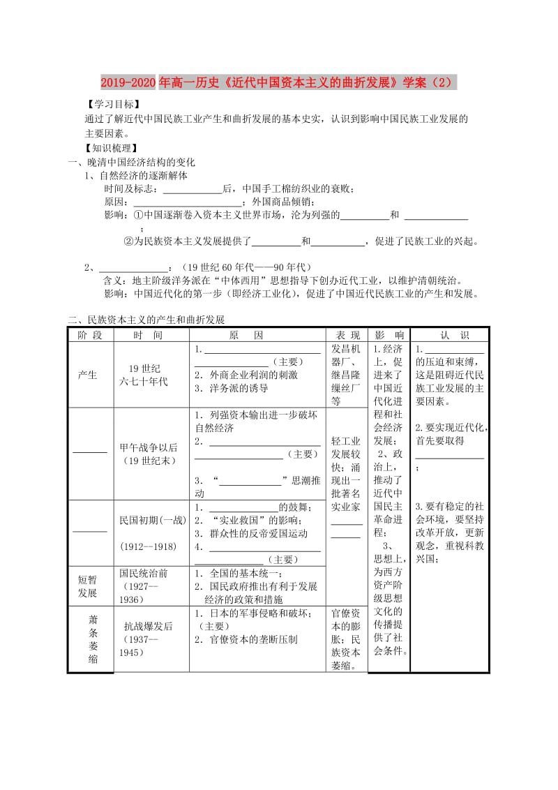 2019-2020年高一历史《近代中国资本主义的曲折发展》学案（2）.doc_第1页