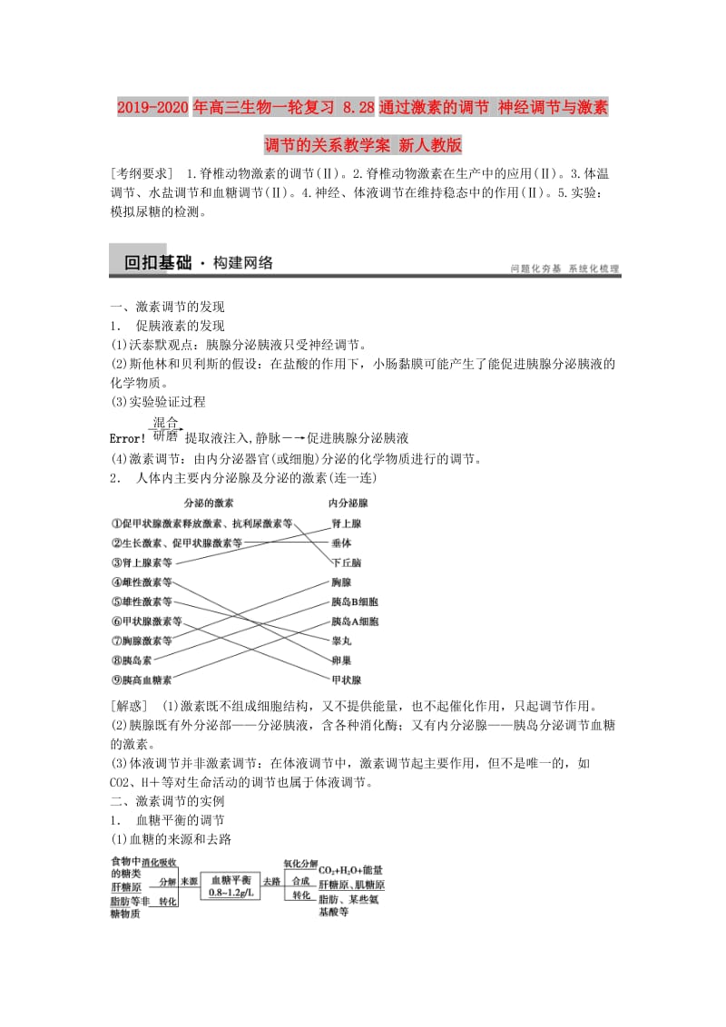 2019-2020年高三生物一轮复习 8.28通过激素的调节 神经调节与激素调节的关系教学案 新人教版.doc_第1页