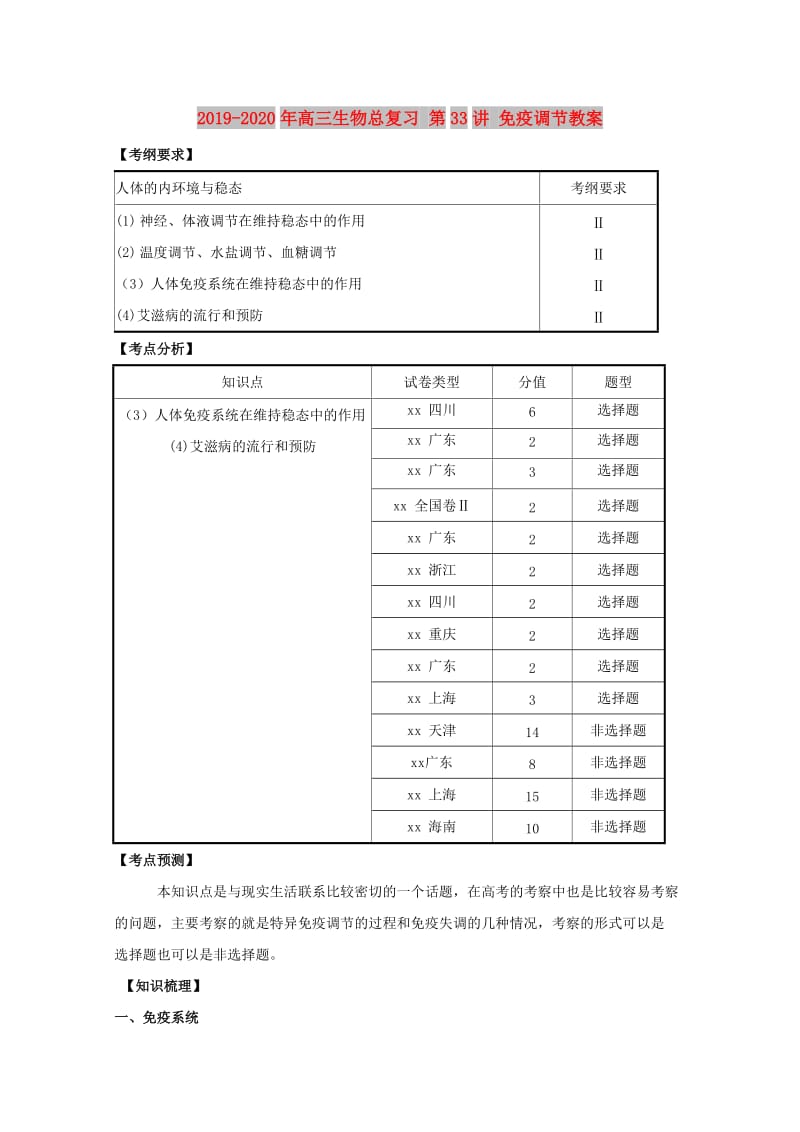 2019-2020年高三生物总复习 第33讲 免疫调节教案.doc_第1页