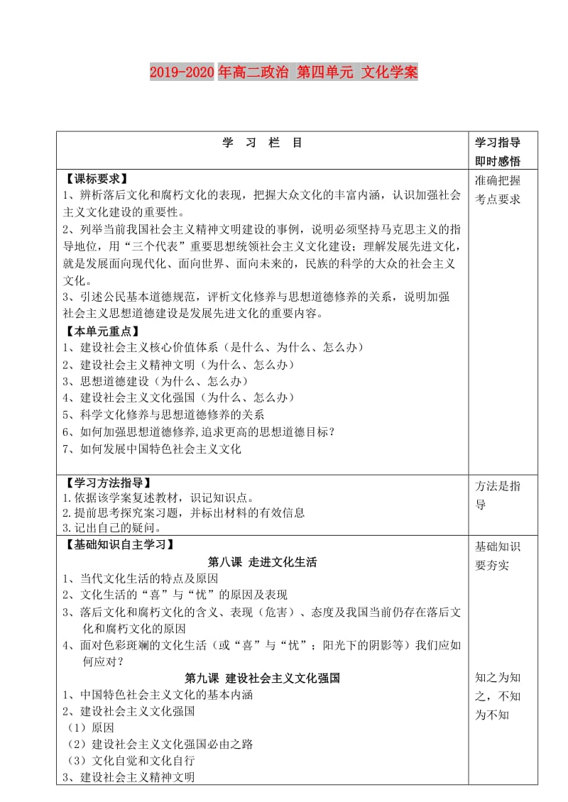 2019-2020年高二政治 第四单元 文化学案.doc_第1页