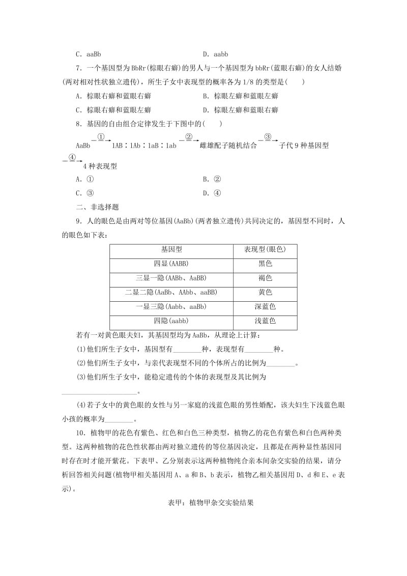 2019-2020年高中生物 课时跟踪检测（二）孟德尔的豌豆杂交实验（二） 新人教版必修2.doc_第2页