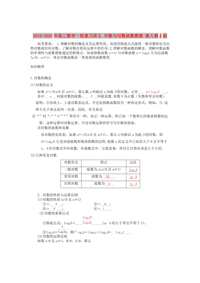 2019-2020年高三数学一轮复习讲义 对数与对数函数教案 新人教A版.doc_第1页