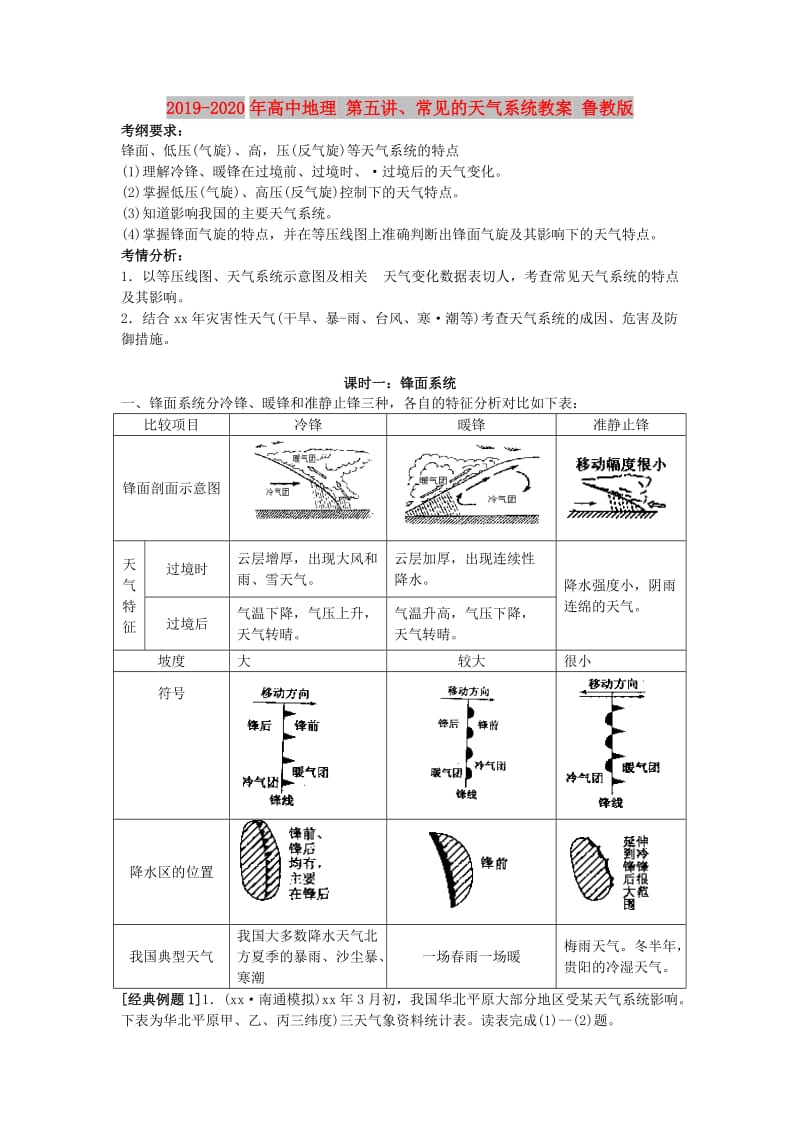 2019-2020年高中地理 第五讲、常见的天气系统教案 鲁教版.doc_第1页