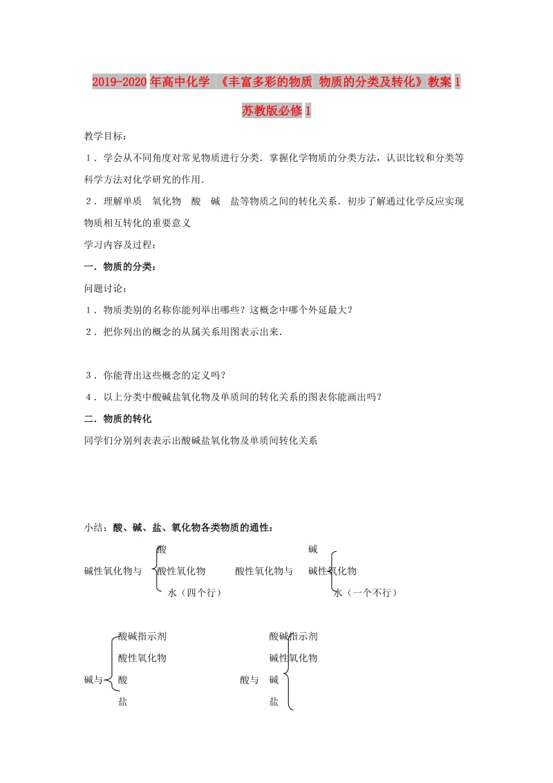 2019-2020年高中化学 《丰富多彩的物质 物质的分类及转化》教案1 苏教版必修1.doc_第1页