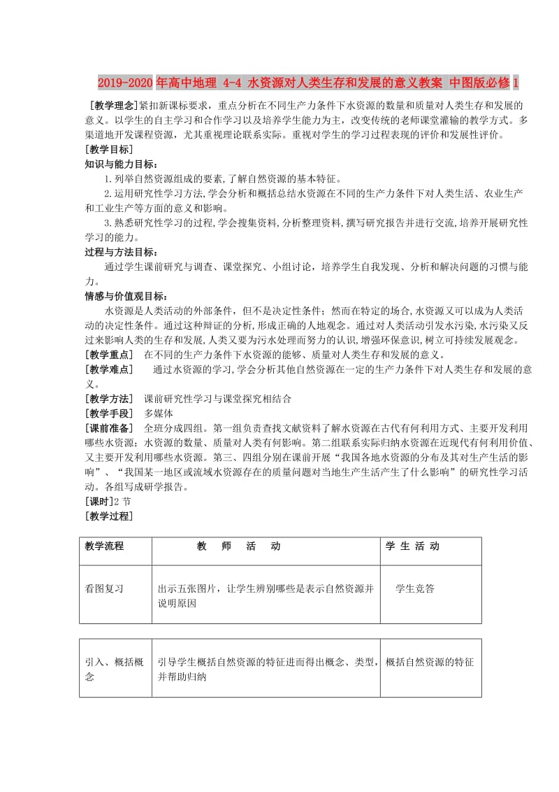 2019-2020年高中地理 4-4 水资源对人类生存和发展的意义教案 中图版必修1.doc_第1页