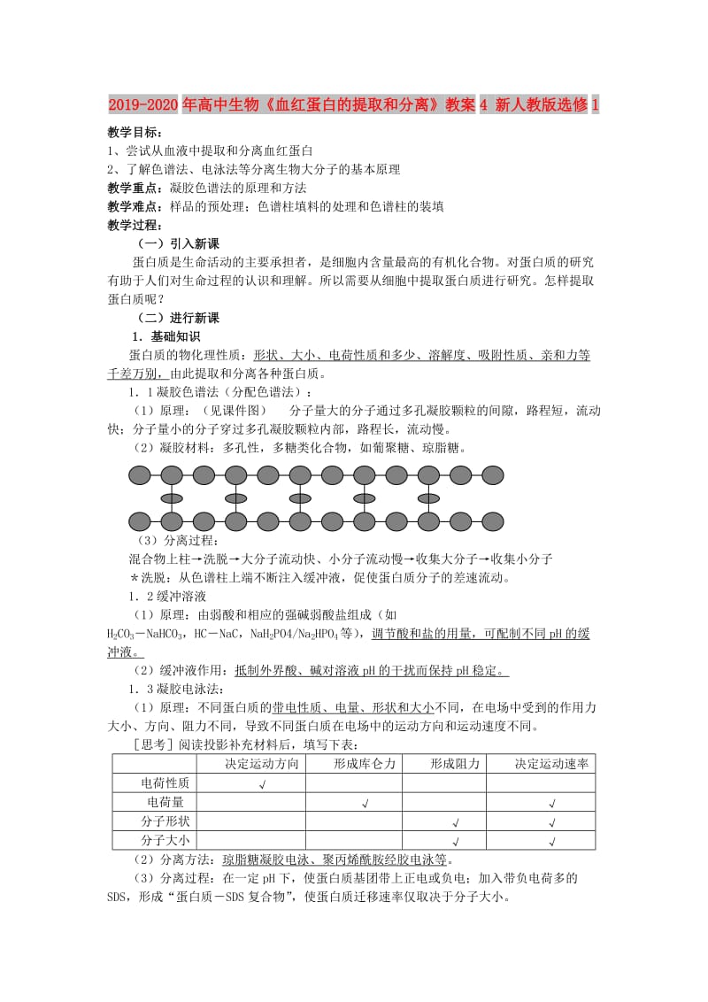 2019-2020年高中生物《血红蛋白的提取和分离》教案4 新人教版选修1.doc_第1页