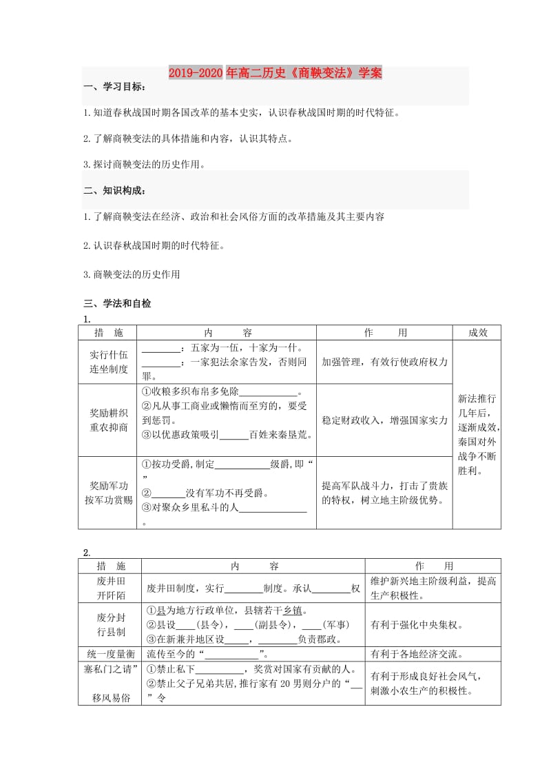 2019-2020年高二历史《商鞅变法》学案.doc_第1页