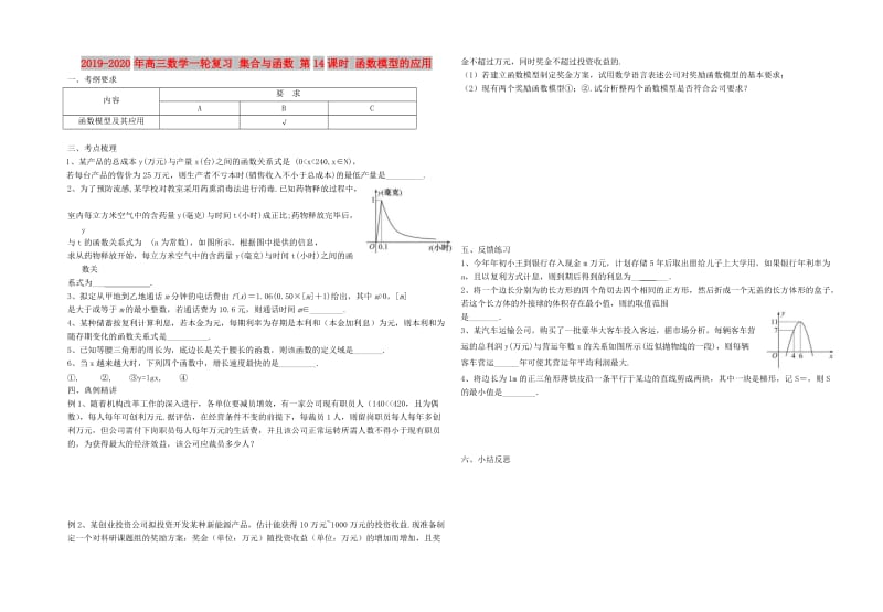 2019-2020年高三数学一轮复习 集合与函数 第14课时 函数模型的应用.doc_第1页