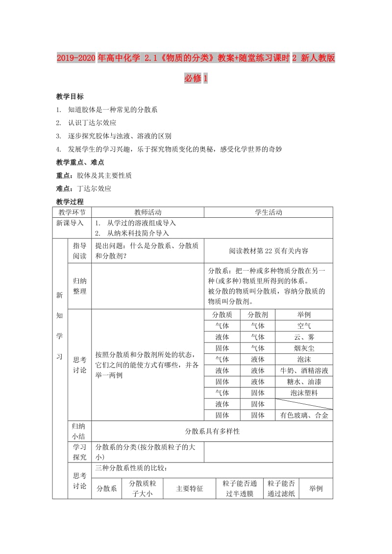 2019-2020年高中化学 2.1《物质的分类》教案+随堂练习课时2 新人教版必修1.doc_第1页