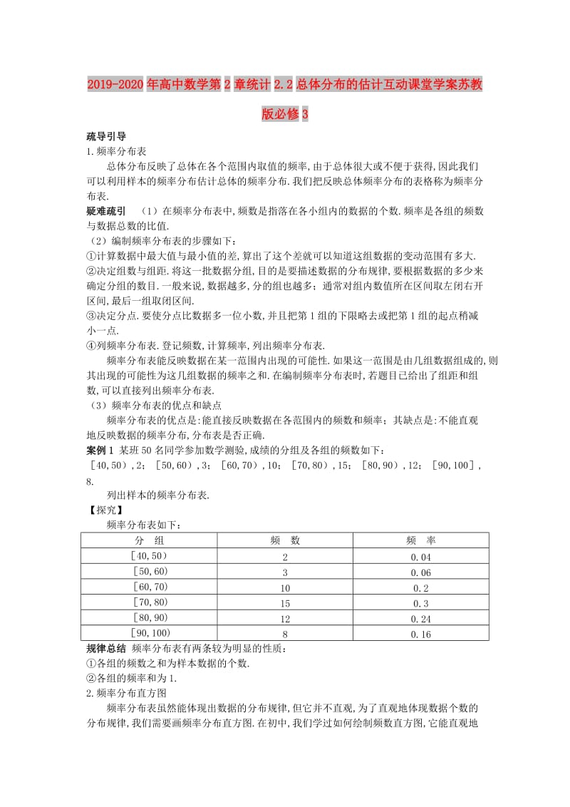 2019-2020年高中数学第2章统计2.2总体分布的估计互动课堂学案苏教版必修3.doc_第1页