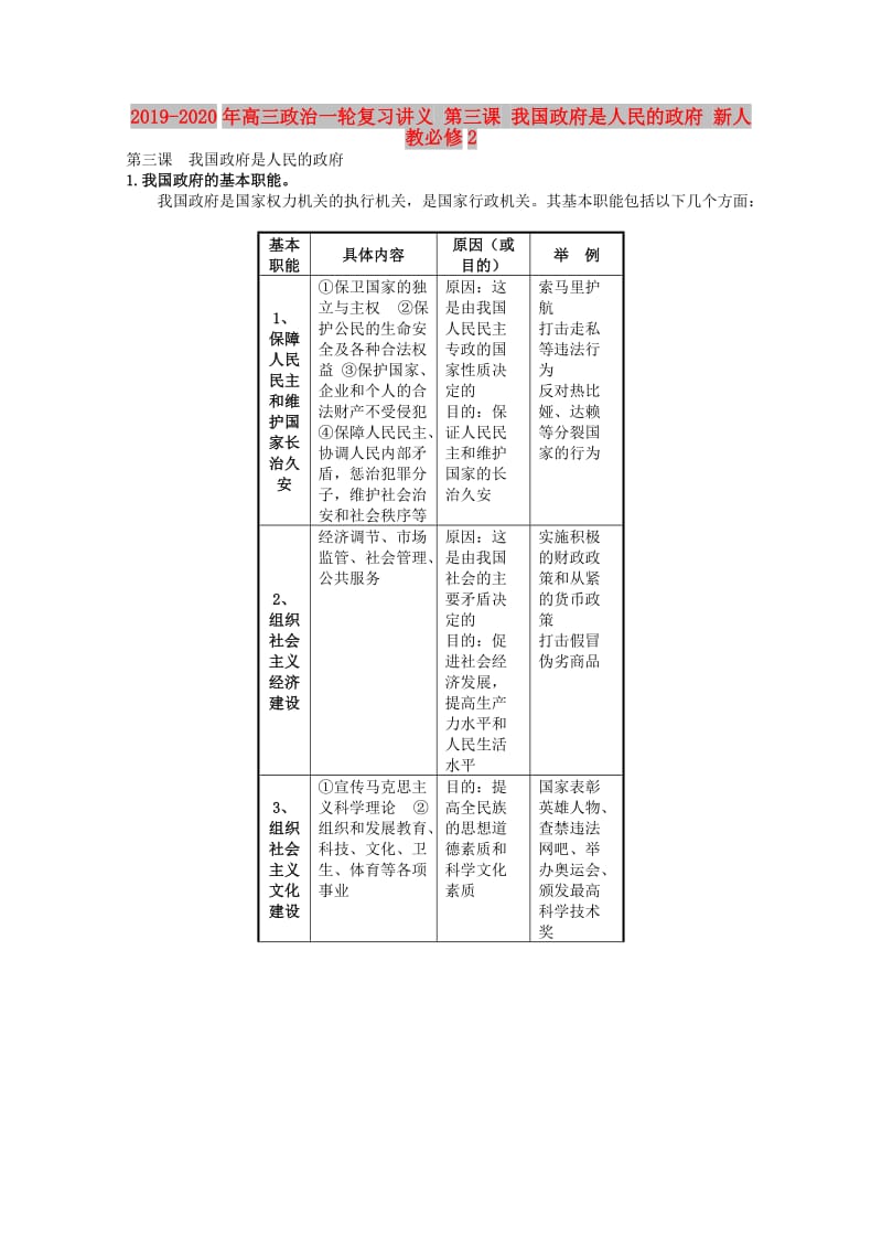 2019-2020年高三政治一轮复习讲义 第三课 我国政府是人民的政府 新人教必修2.doc_第1页