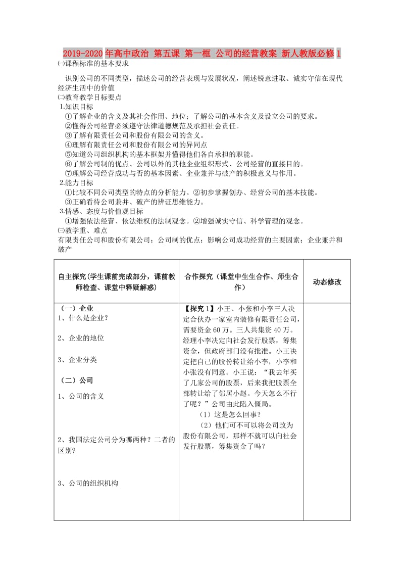 2019-2020年高中政治 第五课 第一框 公司的经营教案 新人教版必修1.doc_第1页