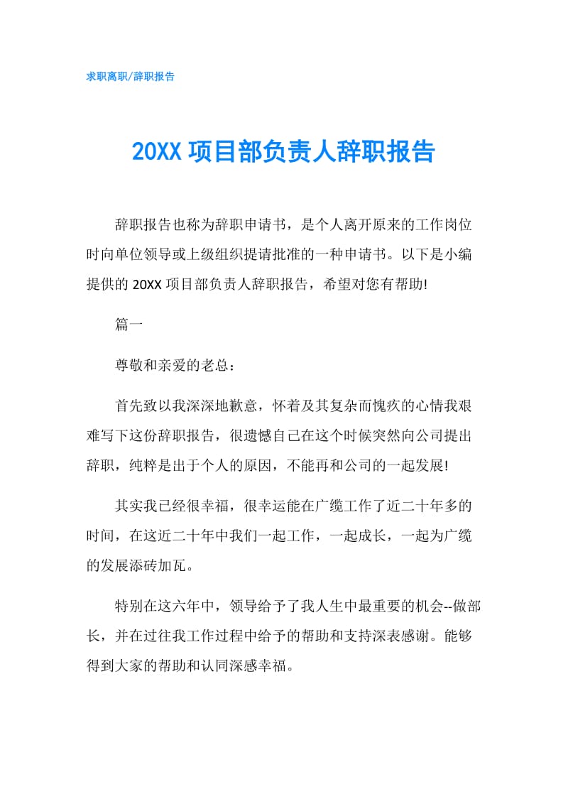 20XX项目部负责人辞职报告.doc_第1页