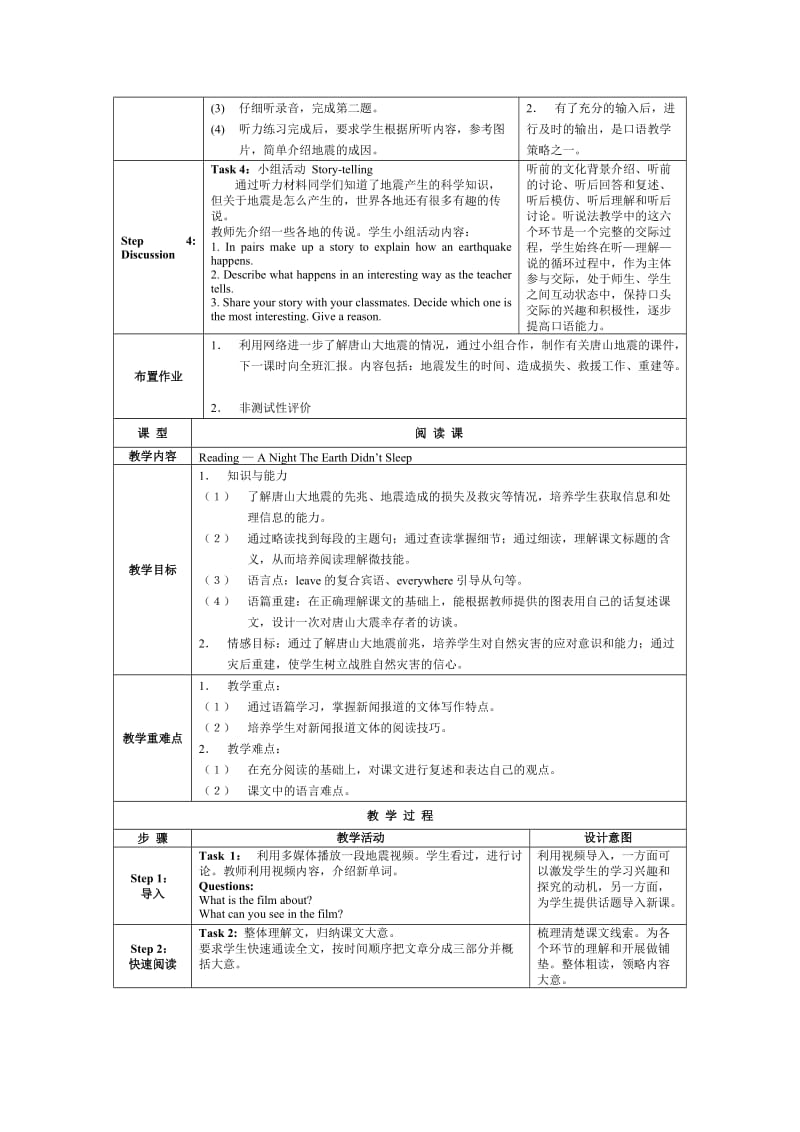 2019-2020年高中英语 Unit4 Earthquakes教学设计 新人教版必修1.doc_第2页