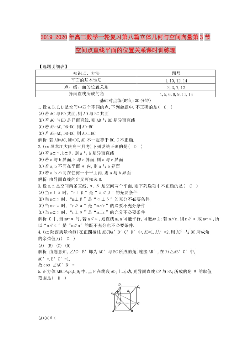 2019-2020年高三数学一轮复习第八篇立体几何与空间向量第3节空间点直线平面的位置关系课时训练理.doc_第1页