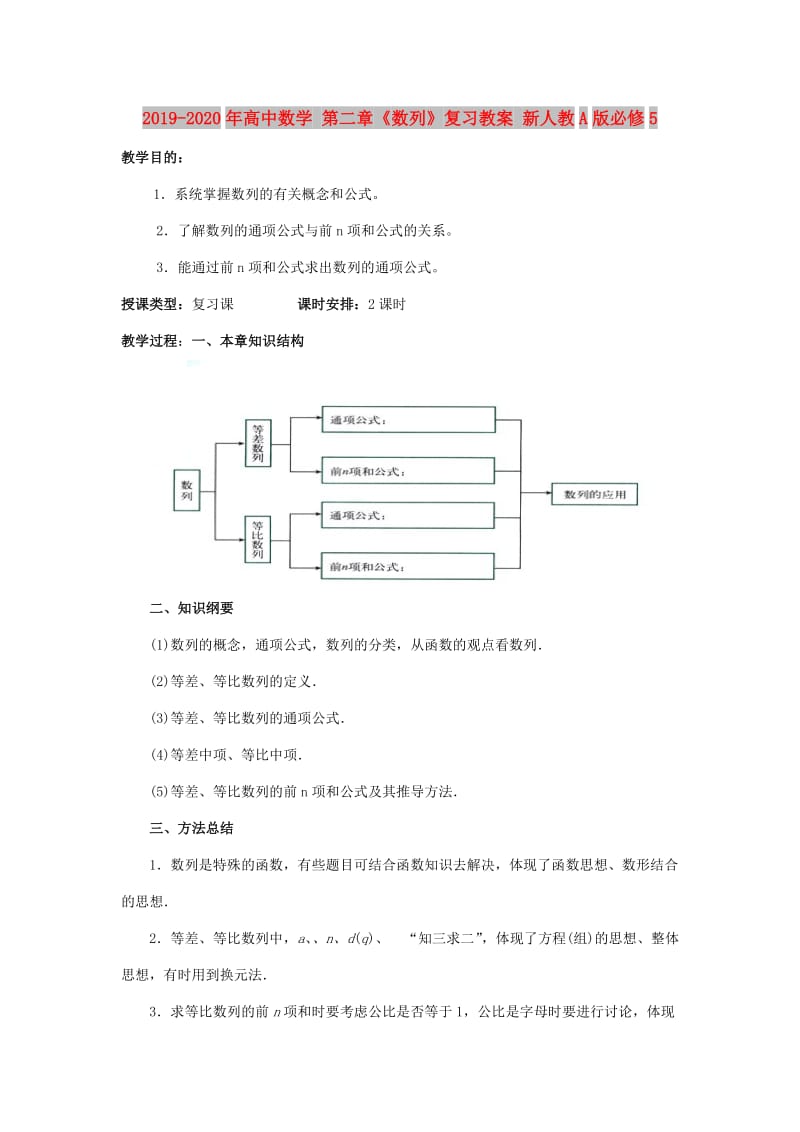 2019-2020年高中数学 第二章《数列》复习教案 新人教A版必修5.doc_第1页