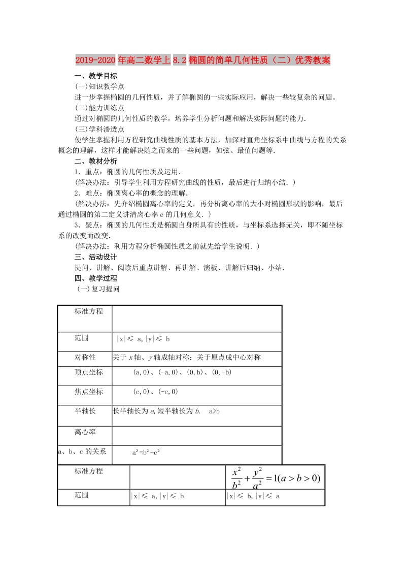 2019-2020年高二数学上8.2椭圆的简单几何性质（二）优秀教案.doc_第1页