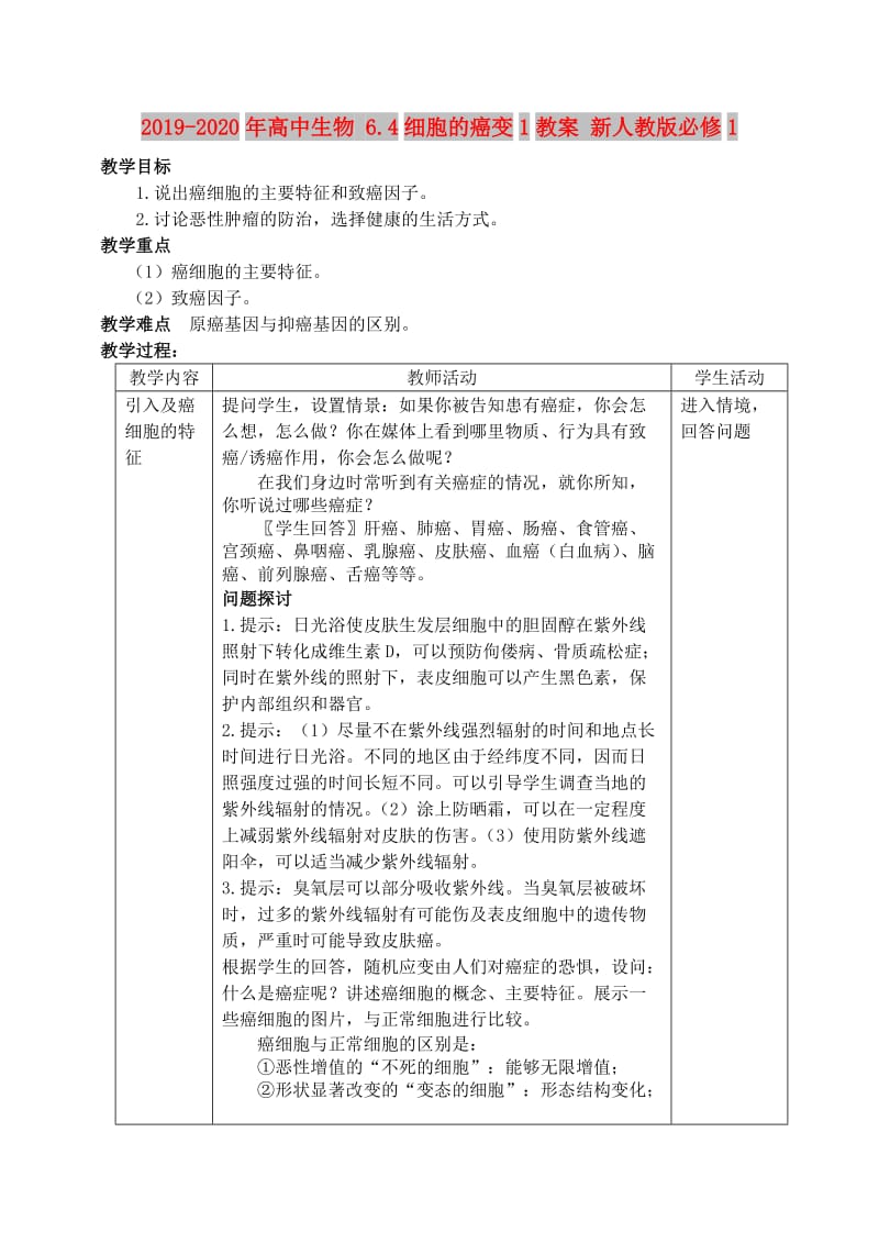 2019-2020年高中生物 6.4细胞的癌变1教案 新人教版必修1.doc_第1页