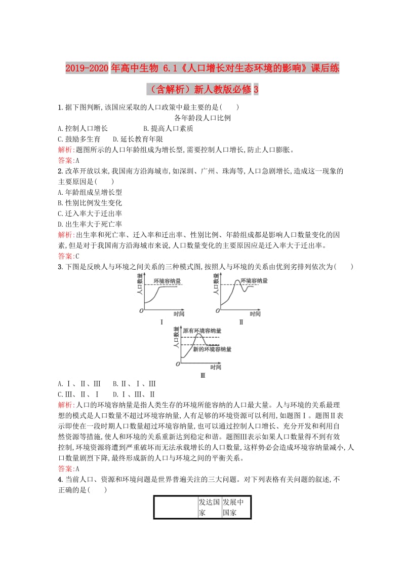 2019-2020年高中生物 6.1《人口增长对生态环境的影响》课后练（含解析）新人教版必修3.doc_第1页