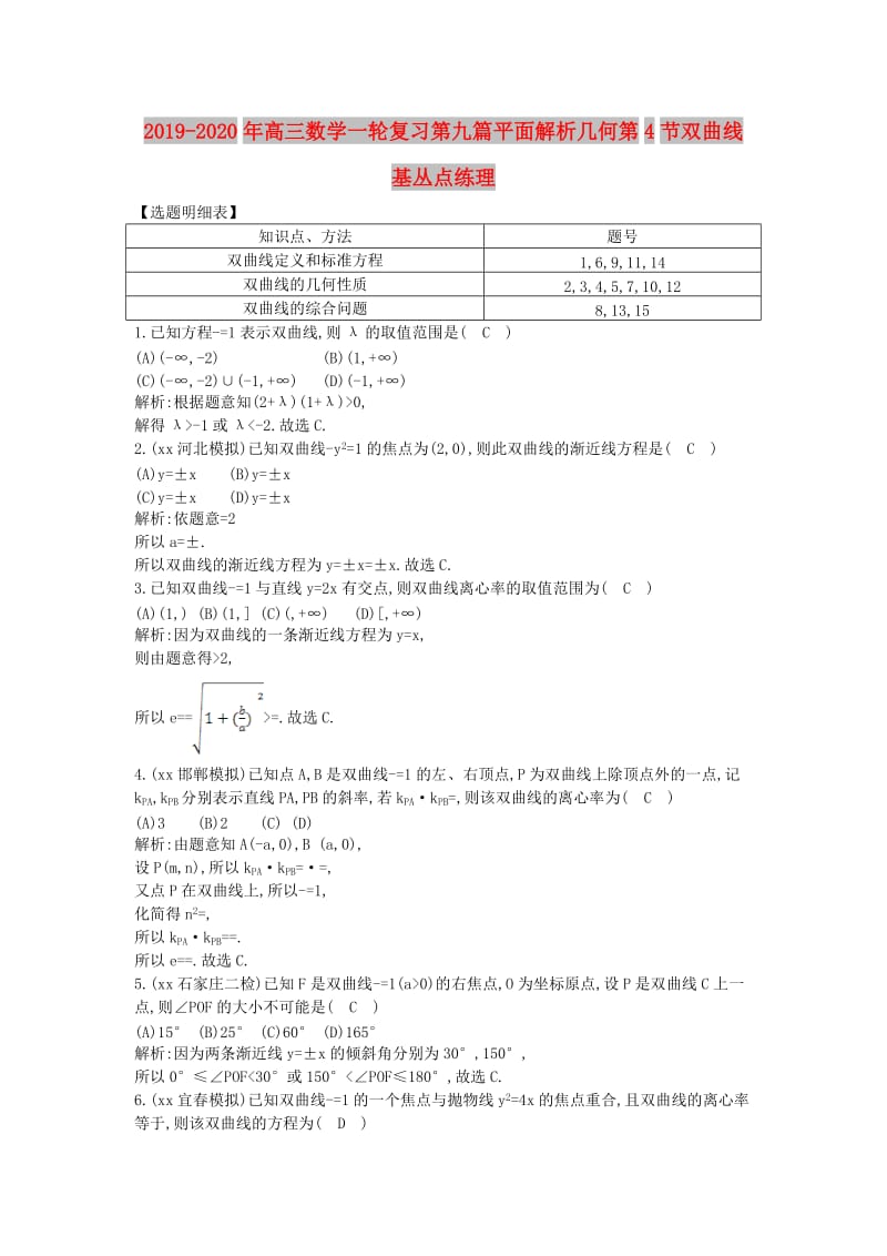 2019-2020年高三数学一轮复习第九篇平面解析几何第4节双曲线基丛点练理.doc_第1页