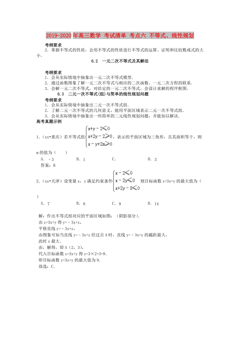 2019-2020年高三数学 考试清单 考点六 不等式、线性规划.doc_第1页