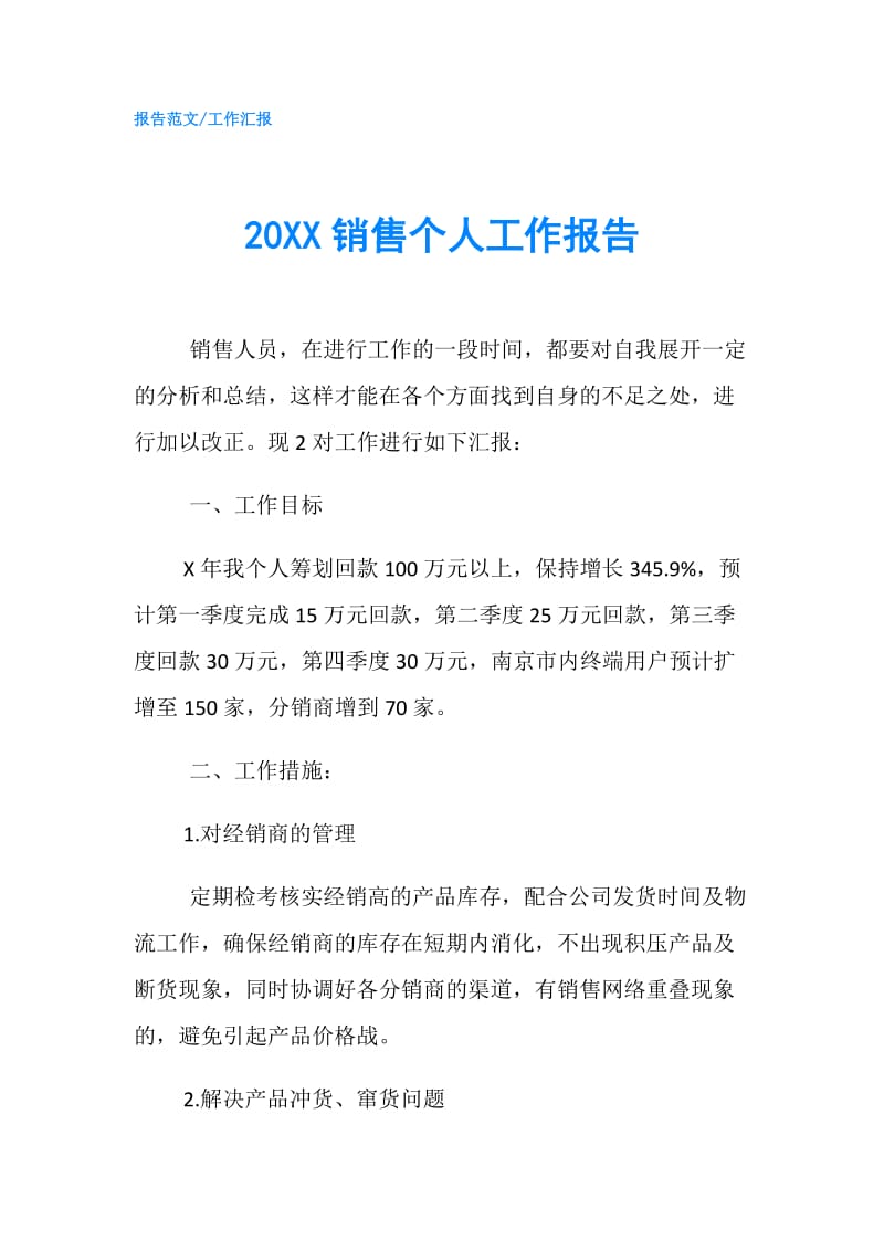 20XX销售个人工作报告.doc_第1页