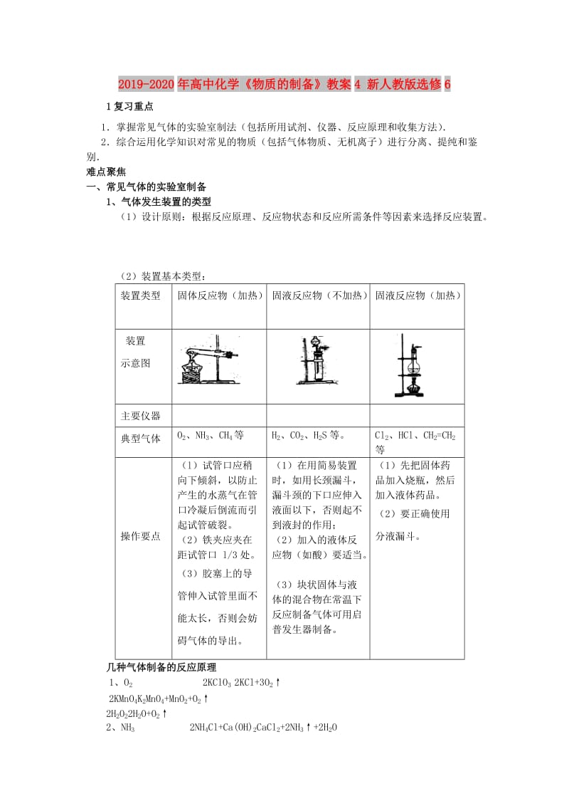 2019-2020年高中化学《物质的制备》教案4 新人教版选修6.doc_第1页