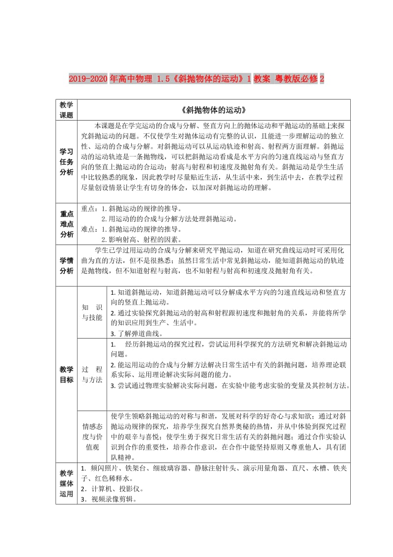 2019-2020年高中物理 1.5《斜抛物体的运动》1教案 粤教版必修2.doc_第1页