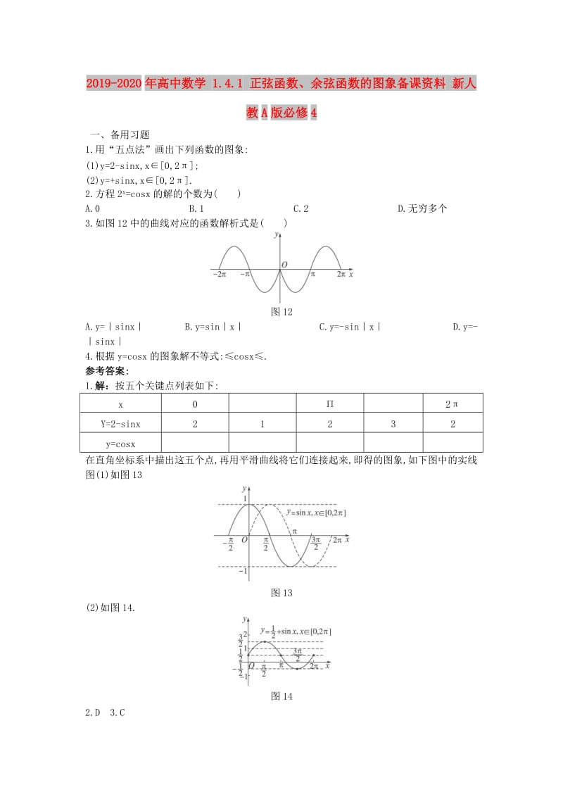 2019-2020年高中数学 1.4.1 正弦函数、余弦函数的图象备课资料 新人教A版必修4.doc_第1页