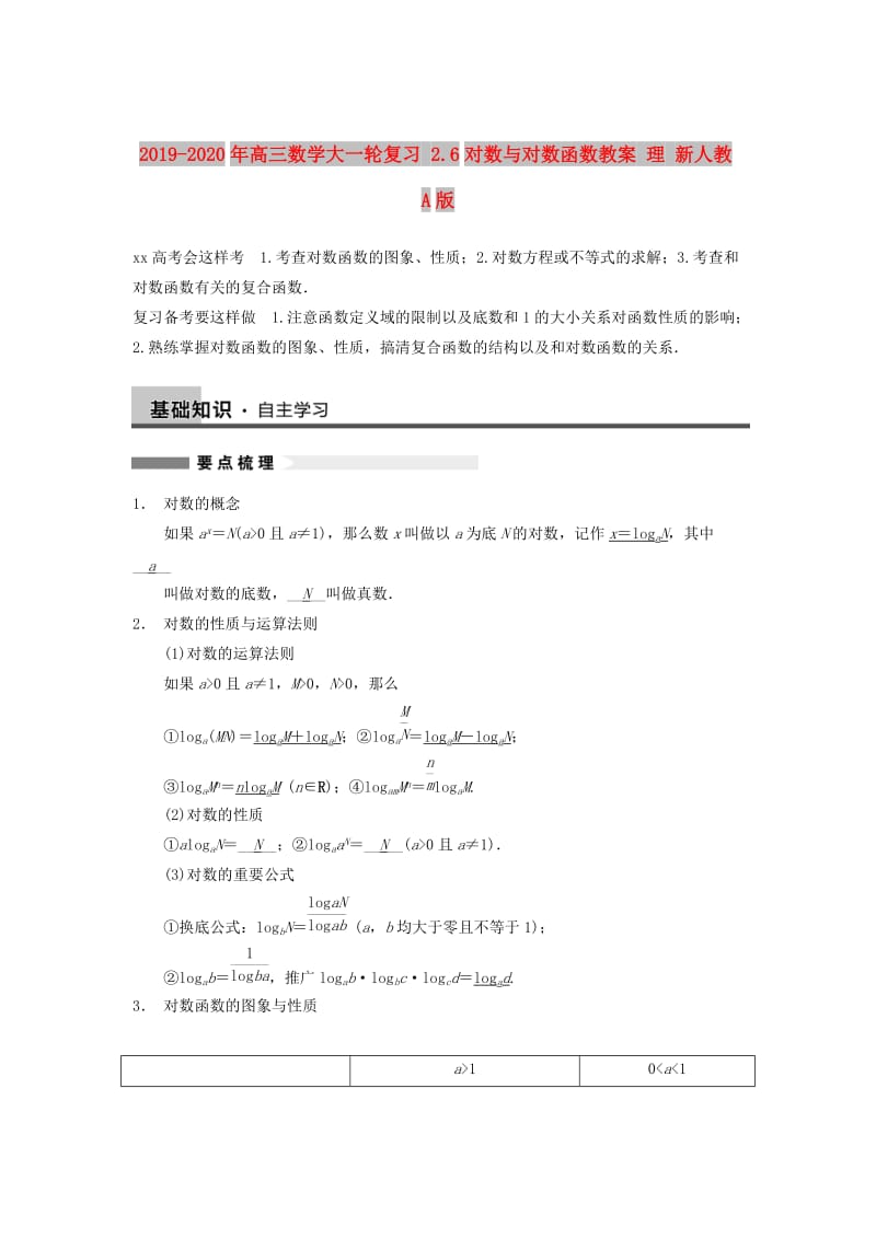 2019-2020年高三数学大一轮复习 2.6对数与对数函数教案 理 新人教A版 .doc_第1页